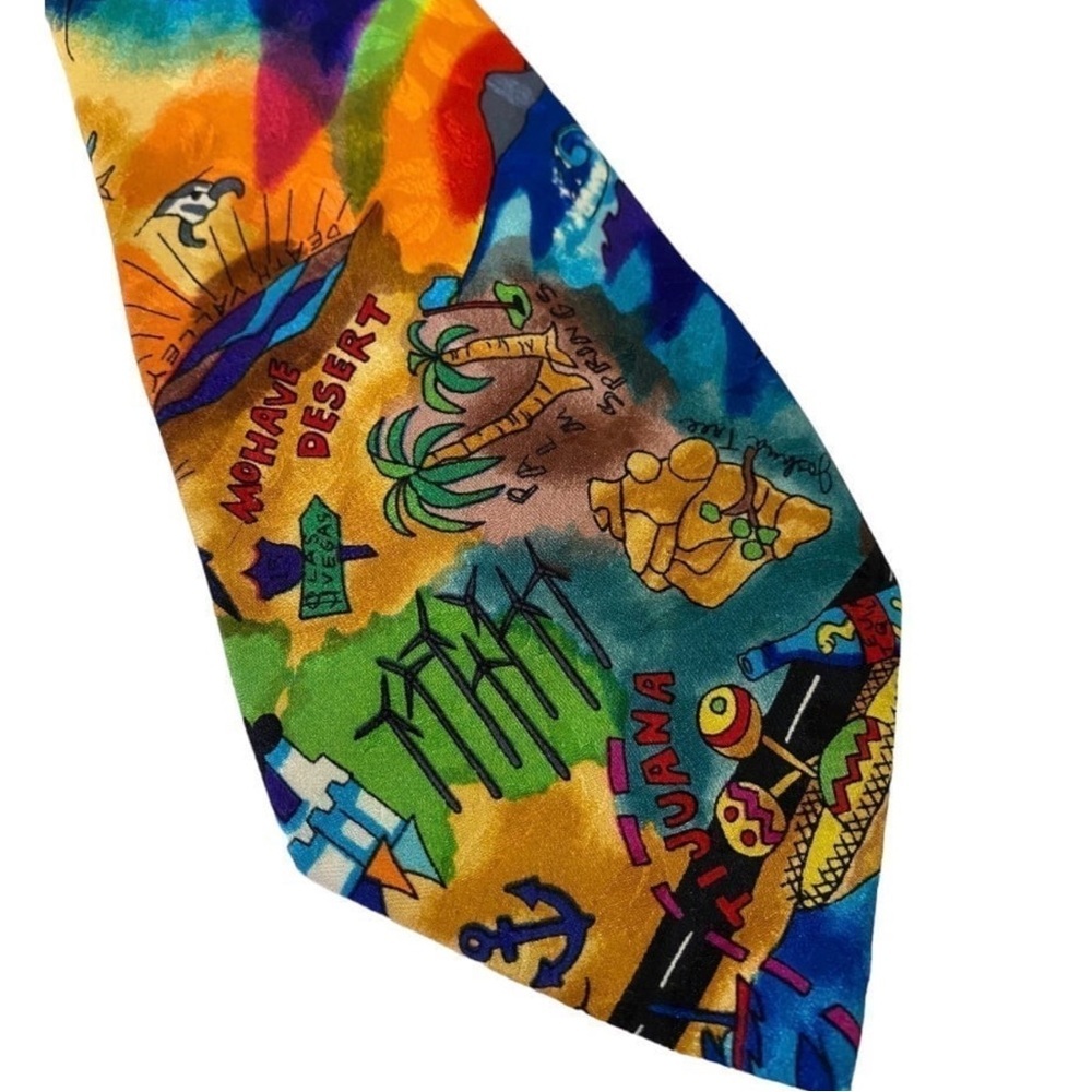 VTG 90’s Nicole Miller Mens Silk Neck Tie California Landmarks Map Bold Colorful